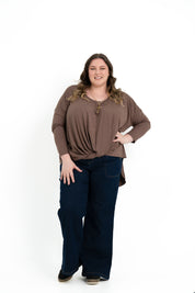 Teal bamboo twist front top with long sleeves, boat neckline, and soft drape for plus size women.
