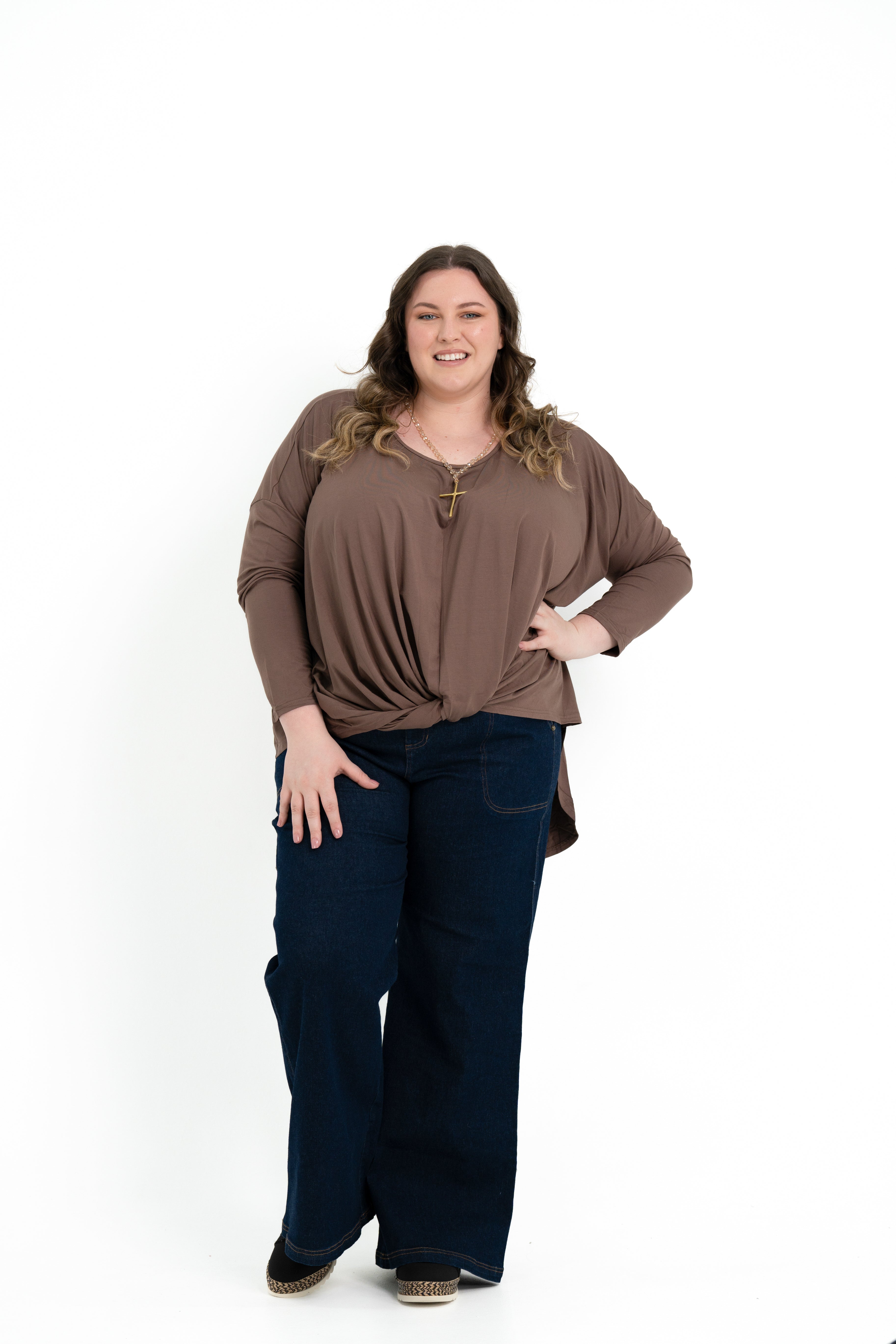 Teal bamboo twist front top with long sleeves, boat neckline, and soft drape for plus size women.