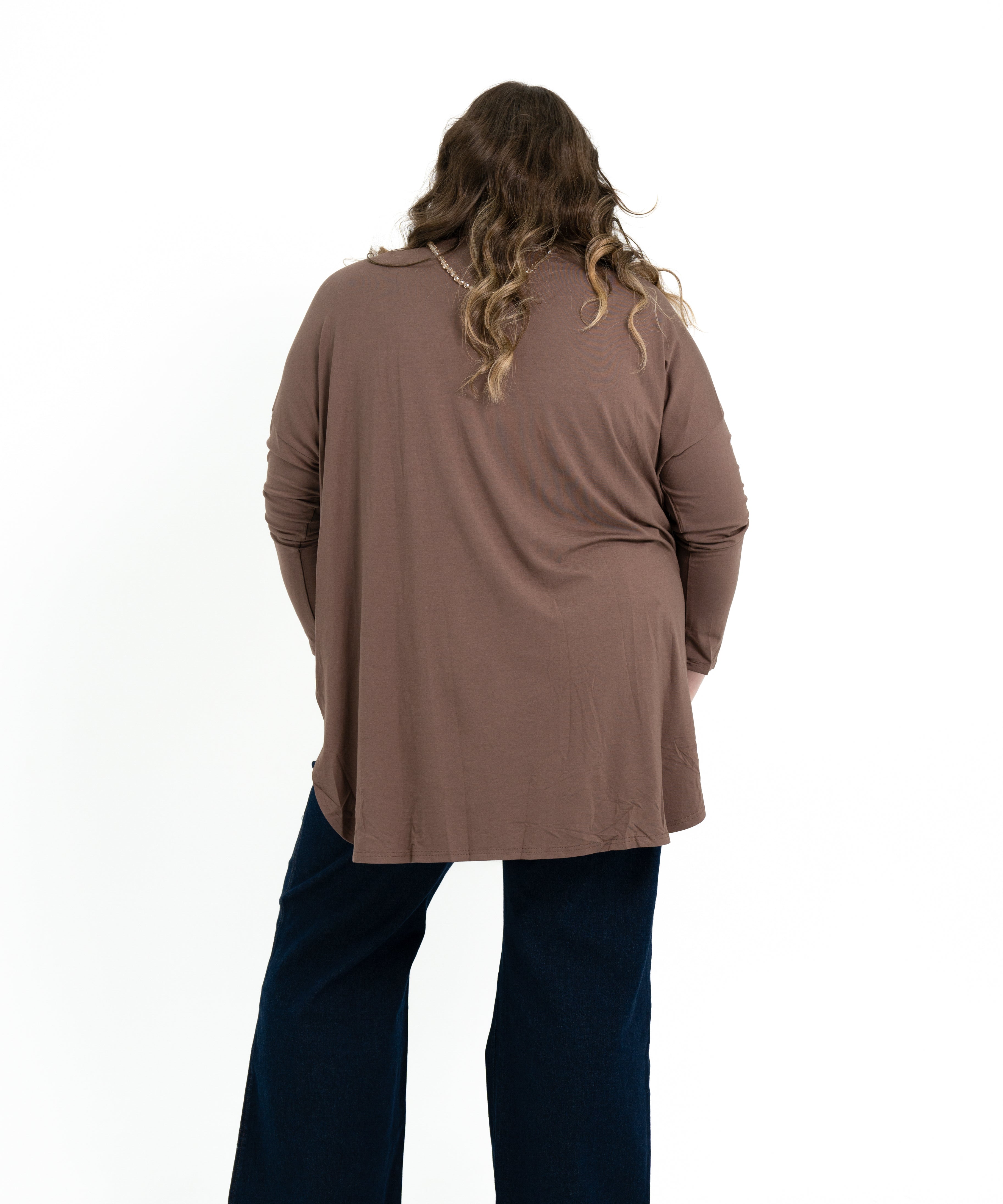 Teal bamboo twist front top with long sleeves, boat neckline, and soft drape for plus size women.