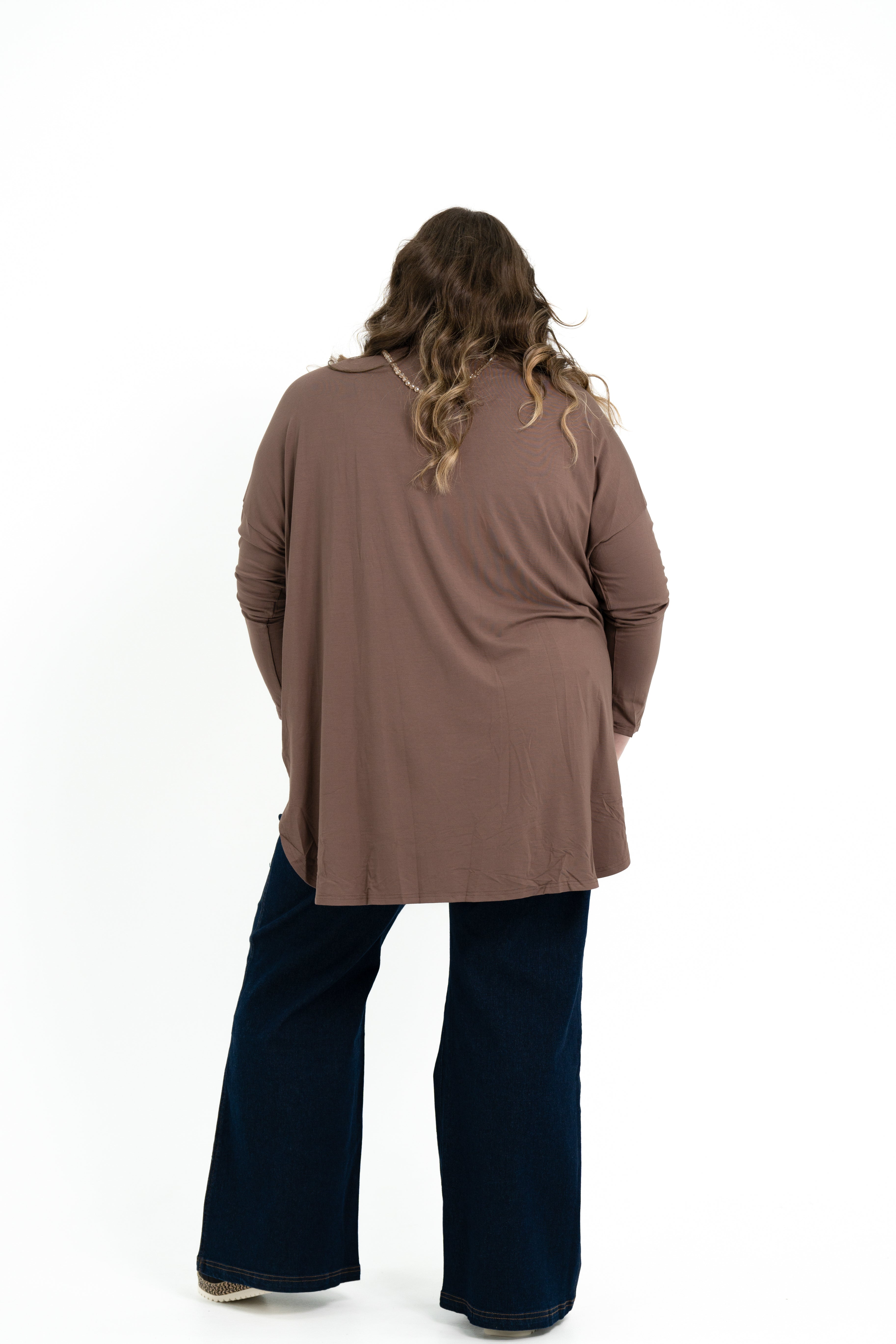 Teal bamboo twist front top with long sleeves, boat neckline, and soft drape for plus size women.