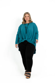 Teal bamboo twist front top for plus size women with long sleeves and a boat neckline.