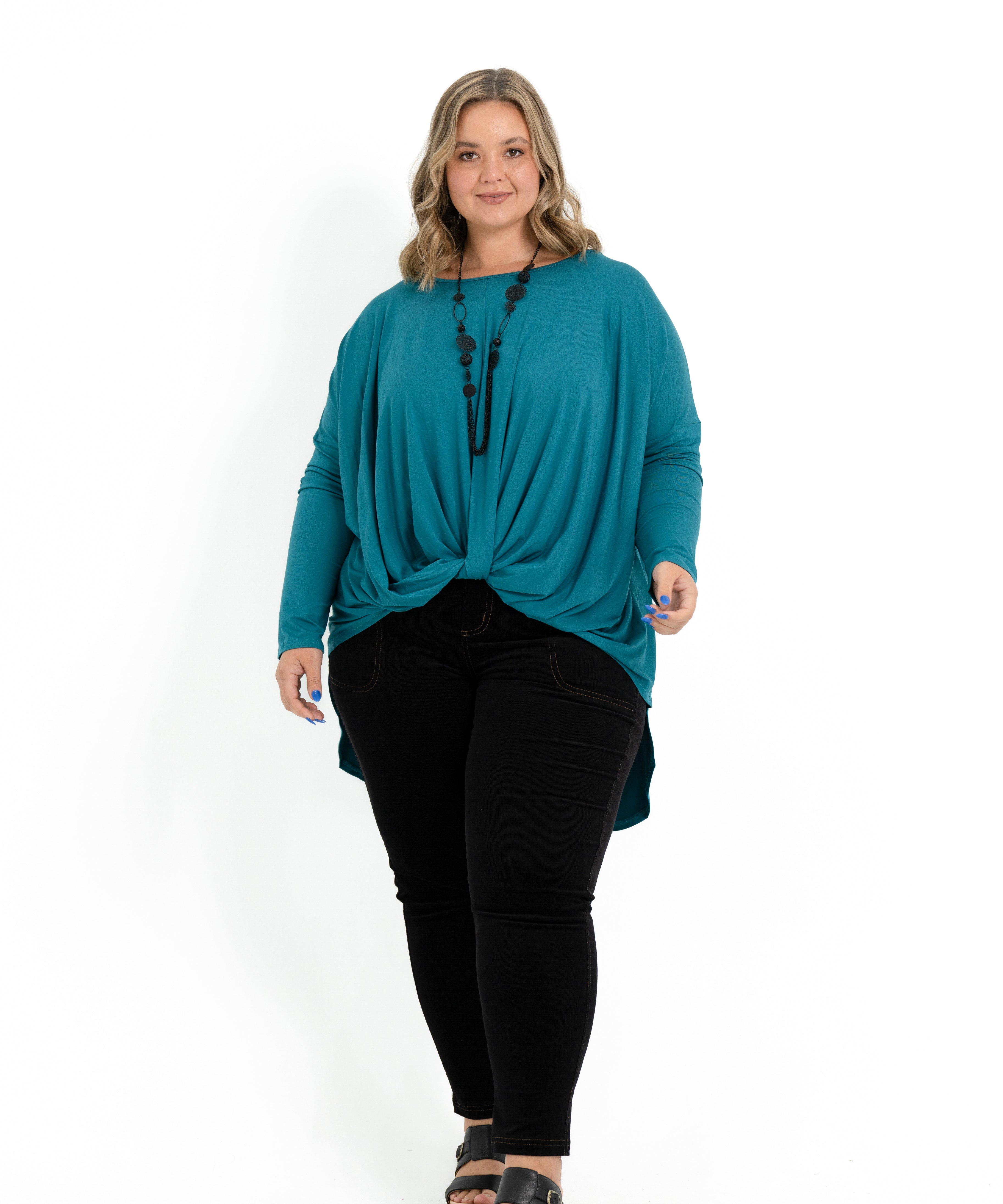 Teal bamboo twist front top for plus size women with long sleeves and a boat neckline.