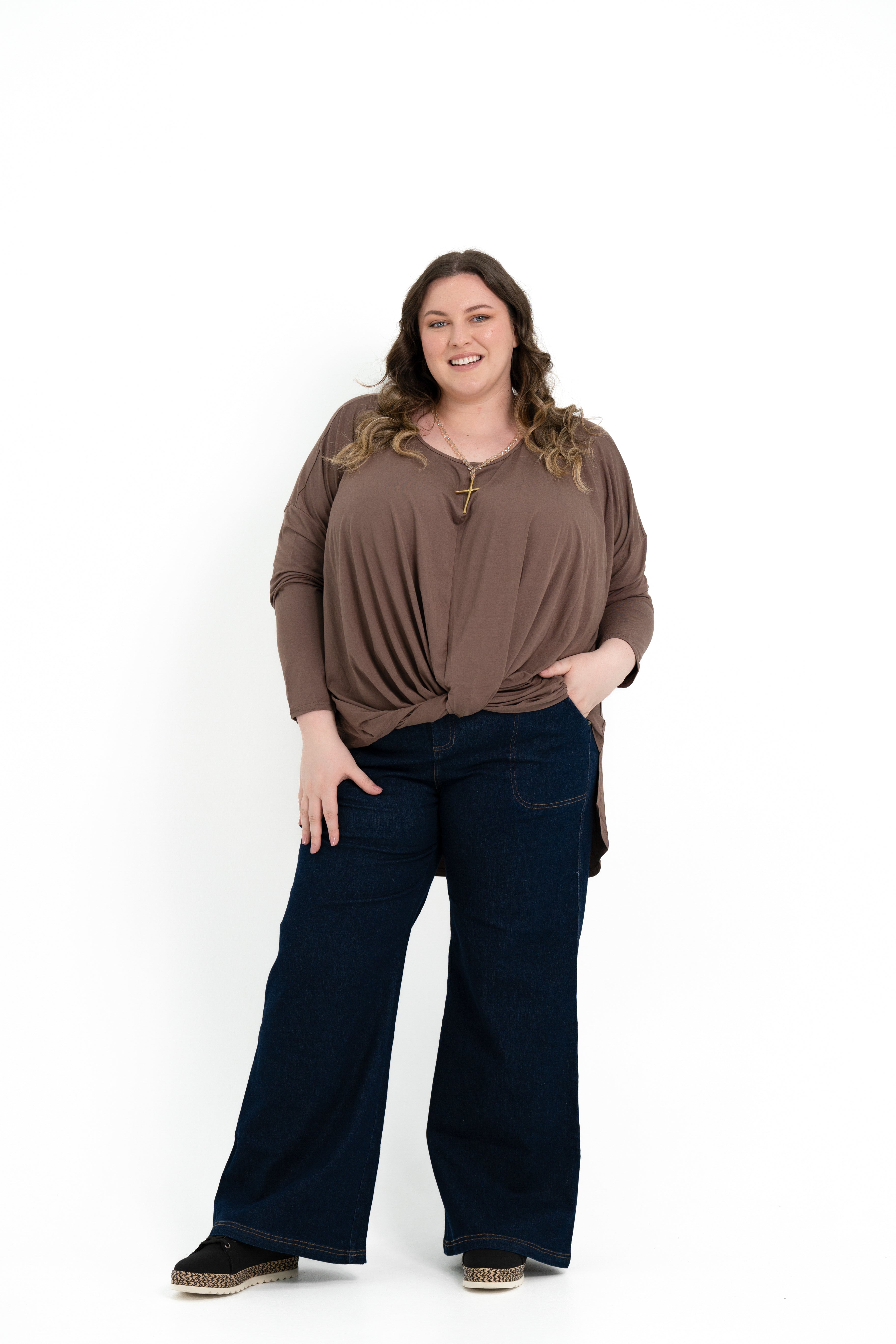 Teal bamboo twist front top with long sleeves, boat neckline, and soft drape for plus size women.
