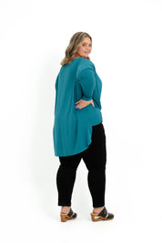 Teal bamboo twist front top for plus size women with long sleeves and a boat neckline.