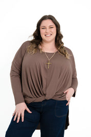 Teal bamboo twist front top with long sleeves, boat neckline, and soft drape for plus size women.