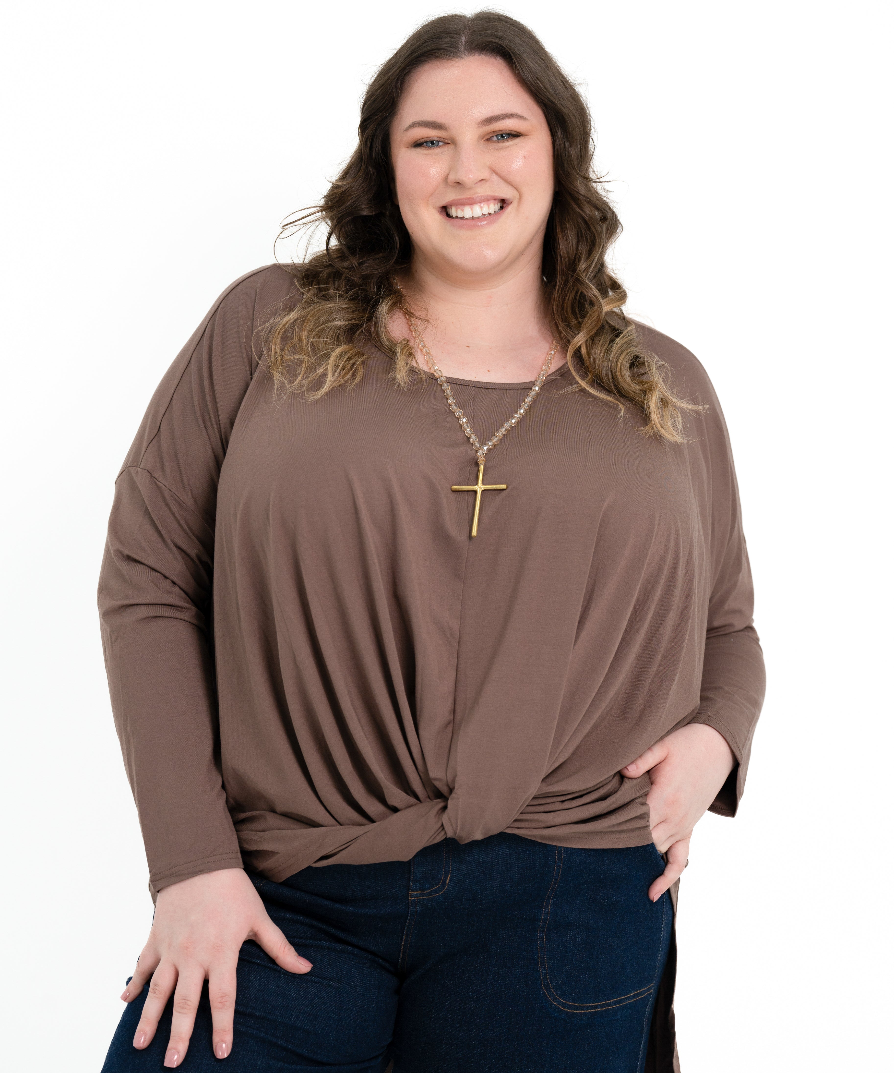 Teal bamboo twist front top with long sleeves, boat neckline, and soft drape for plus size women.