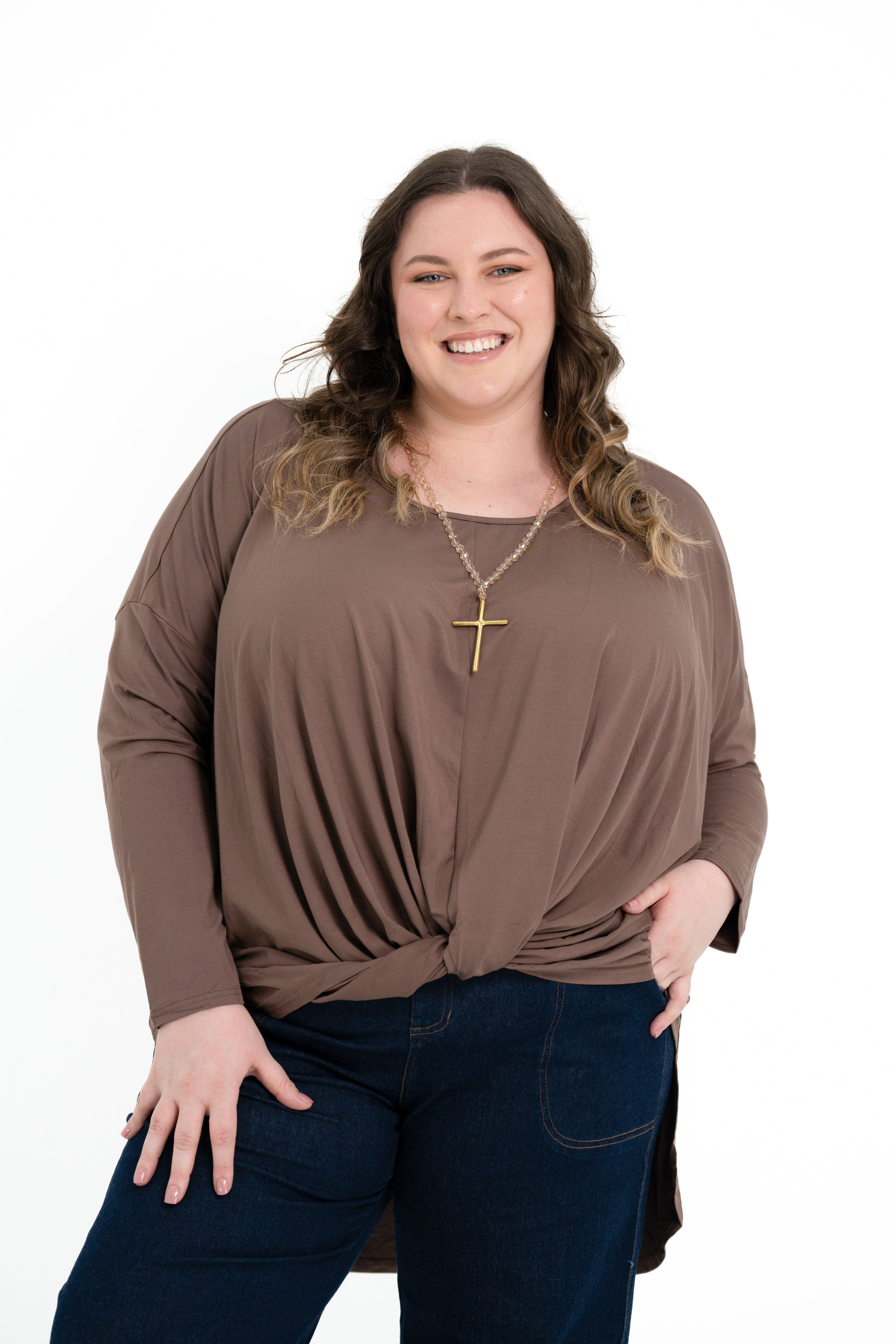 Teal bamboo twist front top with long sleeves, boat neckline, and soft drape for plus size women.
