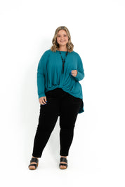 Teal bamboo twist front top for plus size women with long sleeves and a boat neckline.