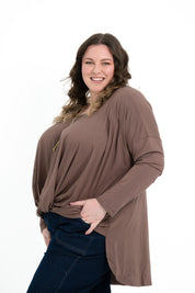 Teal bamboo twist front top with long sleeves, boat neckline, and soft drape for plus size women.