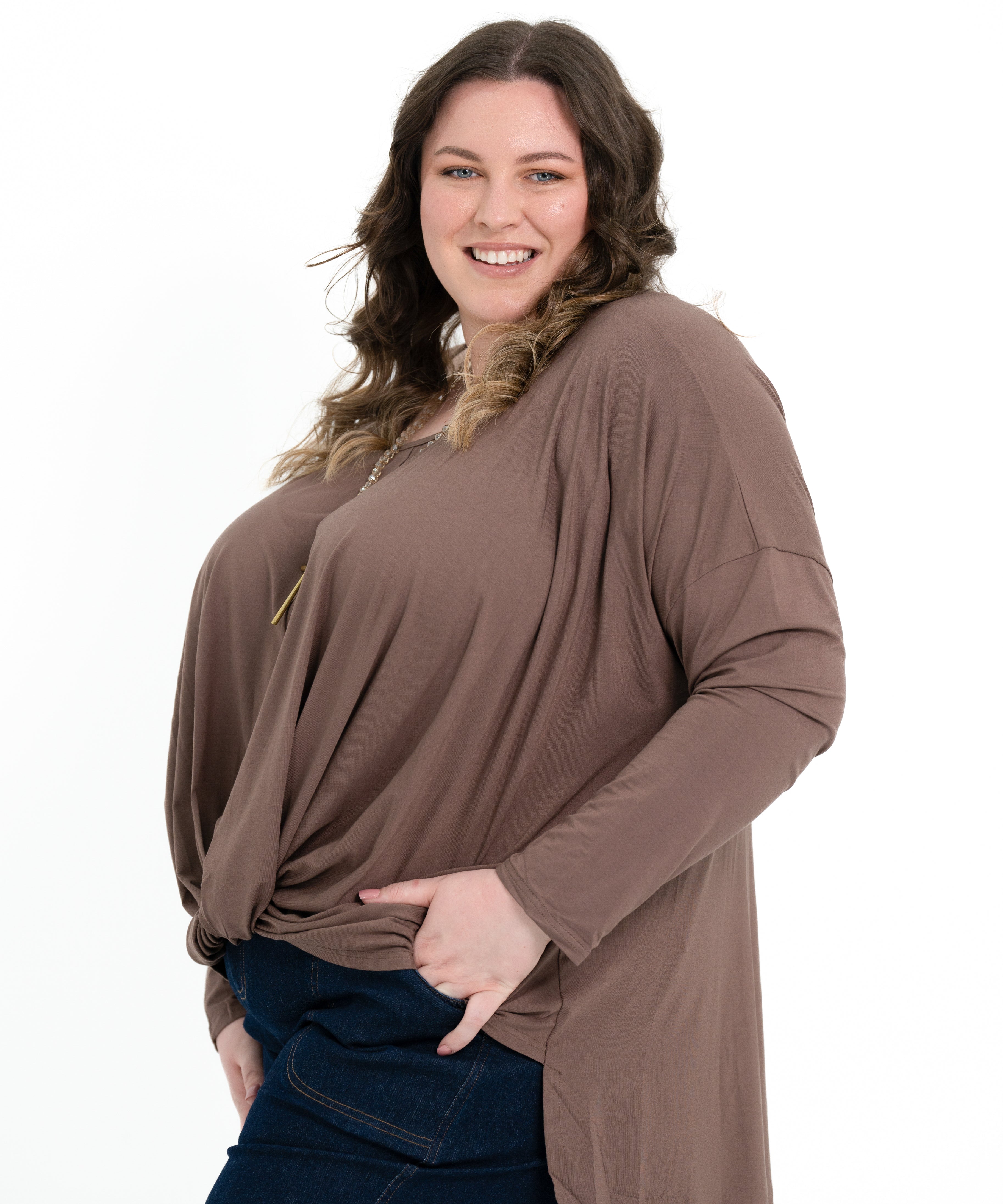Teal bamboo twist front top with long sleeves, boat neckline, and soft drape for plus size women.