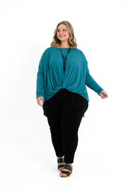 Teal bamboo twist front top for plus size women with long sleeves and a boat neckline.