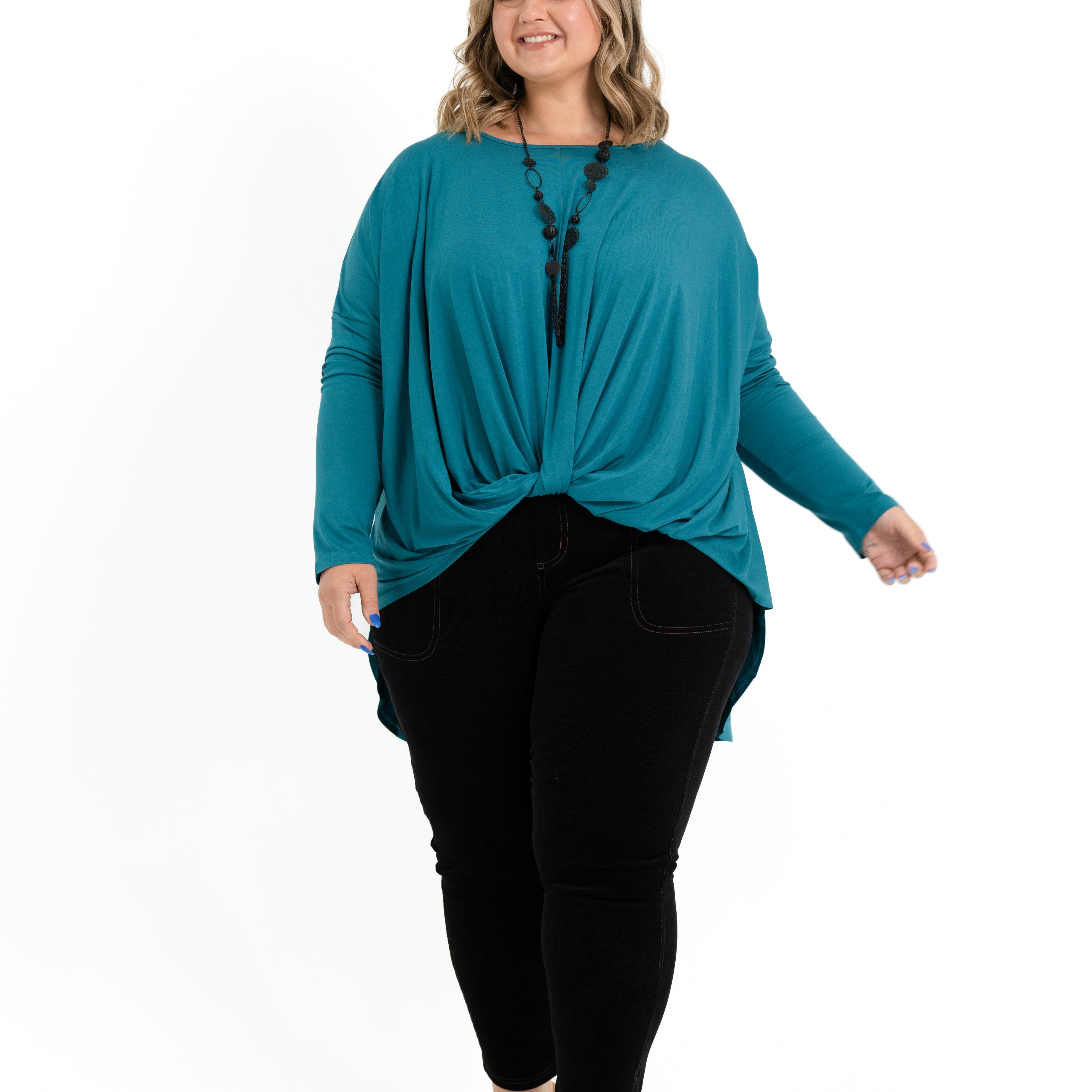Teal bamboo twist front top for plus size women with long sleeves and a boat neckline.