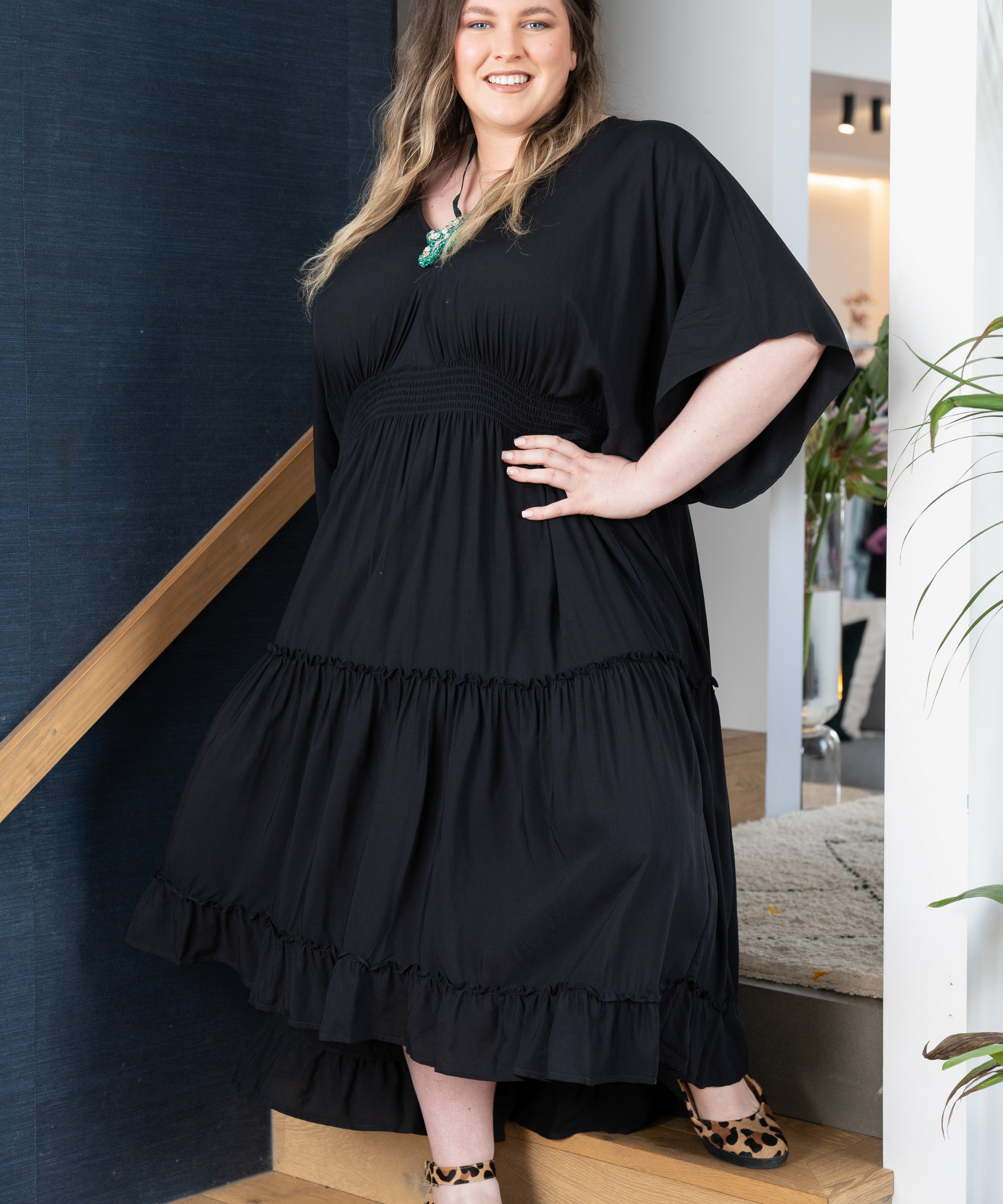 Floaty tiered dress with shirring for comfort, perfect for casual or dressed-up looks.