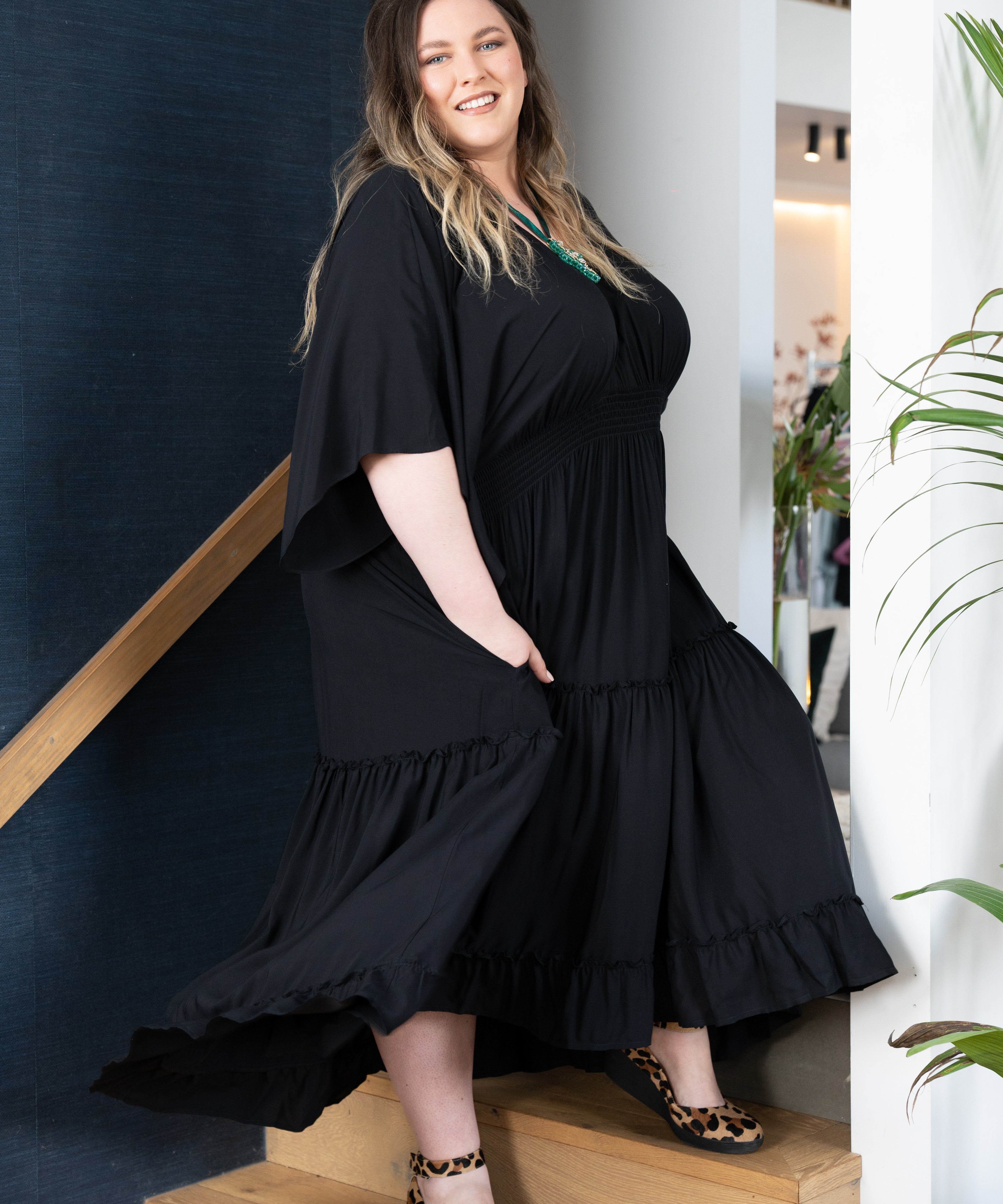 Floaty tiered dress with shirring for comfort, perfect for casual or dressed-up looks.